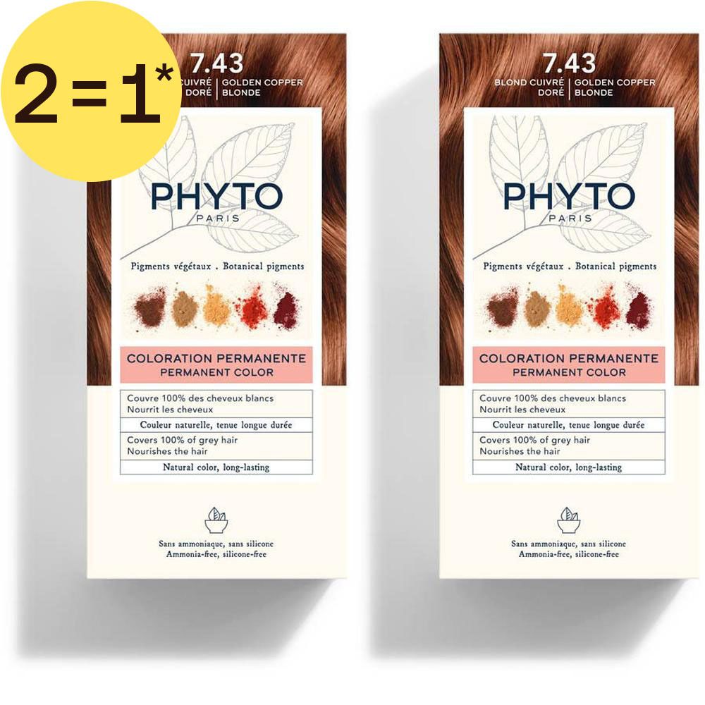 Phyto Phytocolor 7.43 Blond Cuivré Doré : Deux boîtes de coloration permanente avec pigments végétaux.