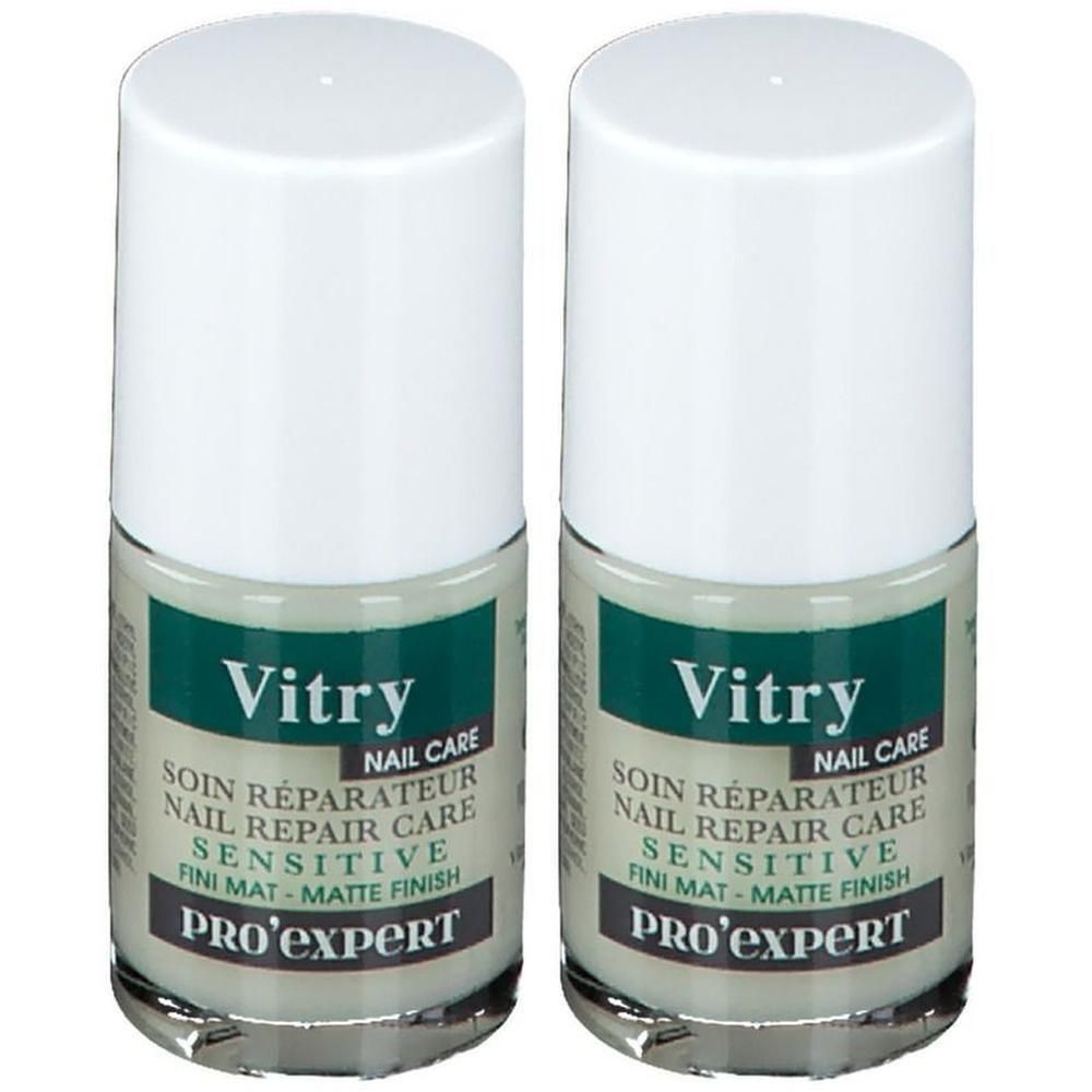 Twee flesjes Vitry Nail Repair Sensitive Pro Expert Matte Finish nagelverzorging.