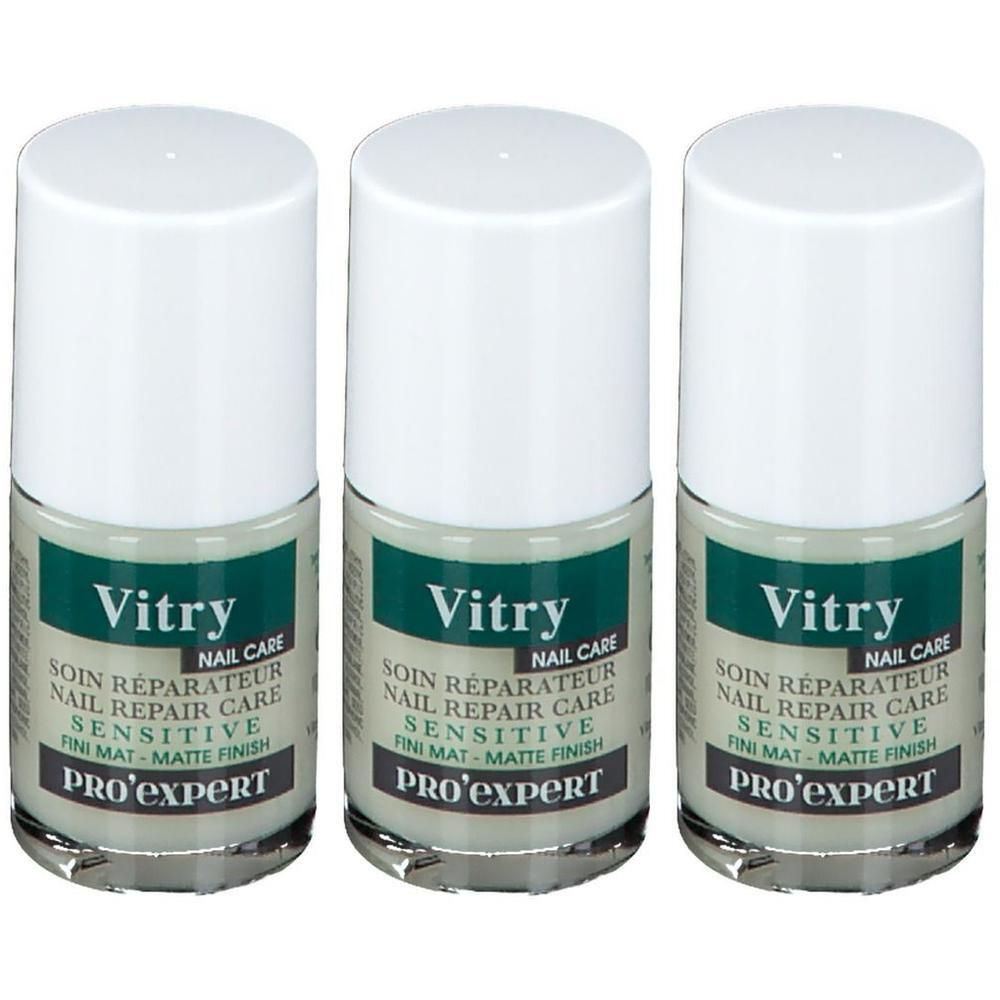 Drie flacons Vitry Nail Repair Sensitive Pro Expert Matte Finish.