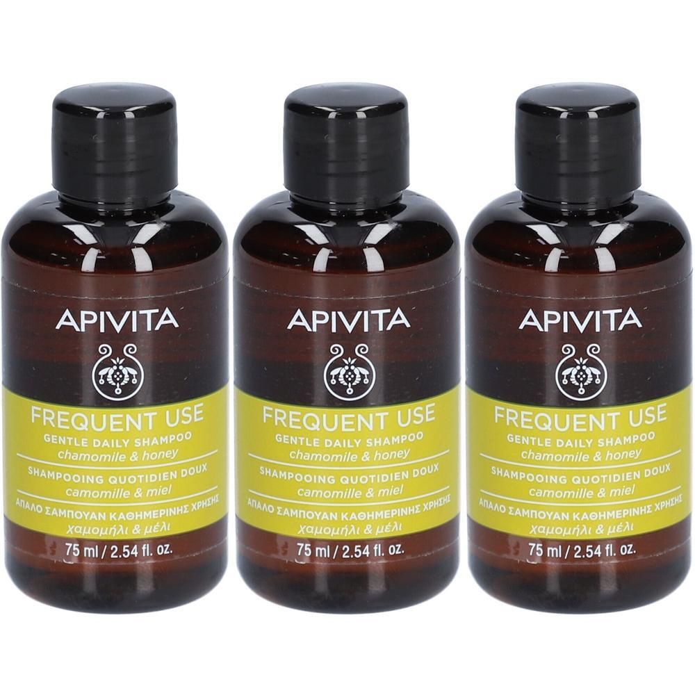 Drie flessen Apivita Frequent Use shampoo, 75 ml.