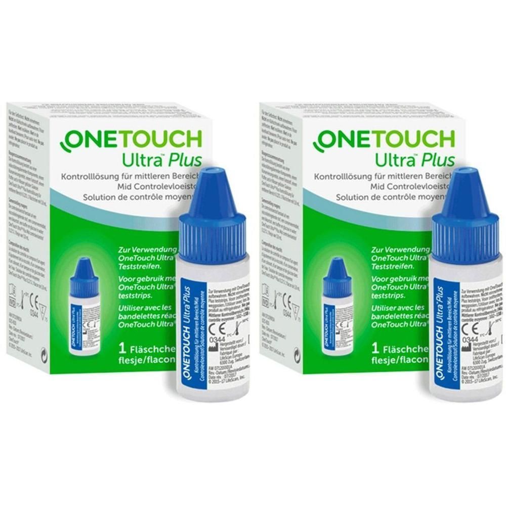 Twee pakken OneTouch Ultra Plus controlevloeistof. Kleine flesjes met blauwe doppen.
