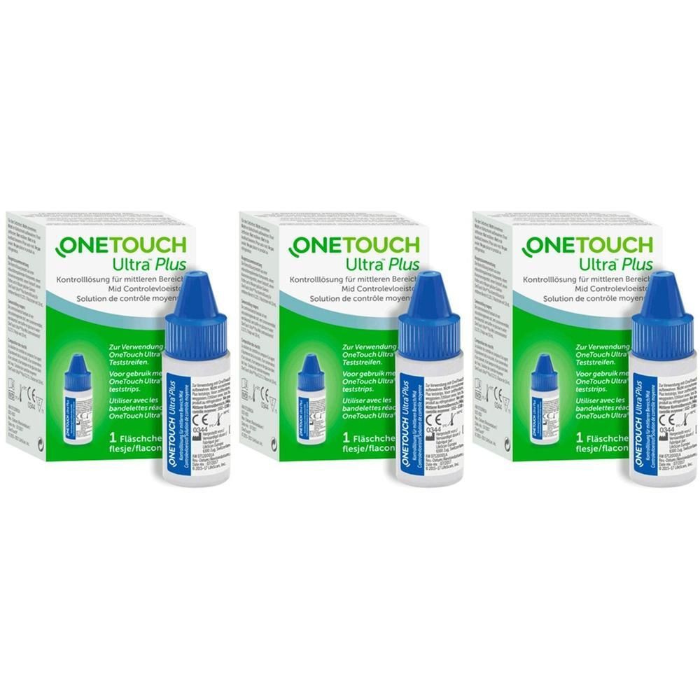 Trois flacons de solution de contrôle OneTouch Ultra Plus avec bouchons compte-gouttes bleus, emballés dans des boîtes.