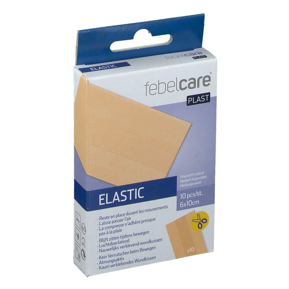 Febelcare Elastisch Plast, 10 stuks, 6x10cm. Beige, ademende pleisters op kartonnen verpakking.