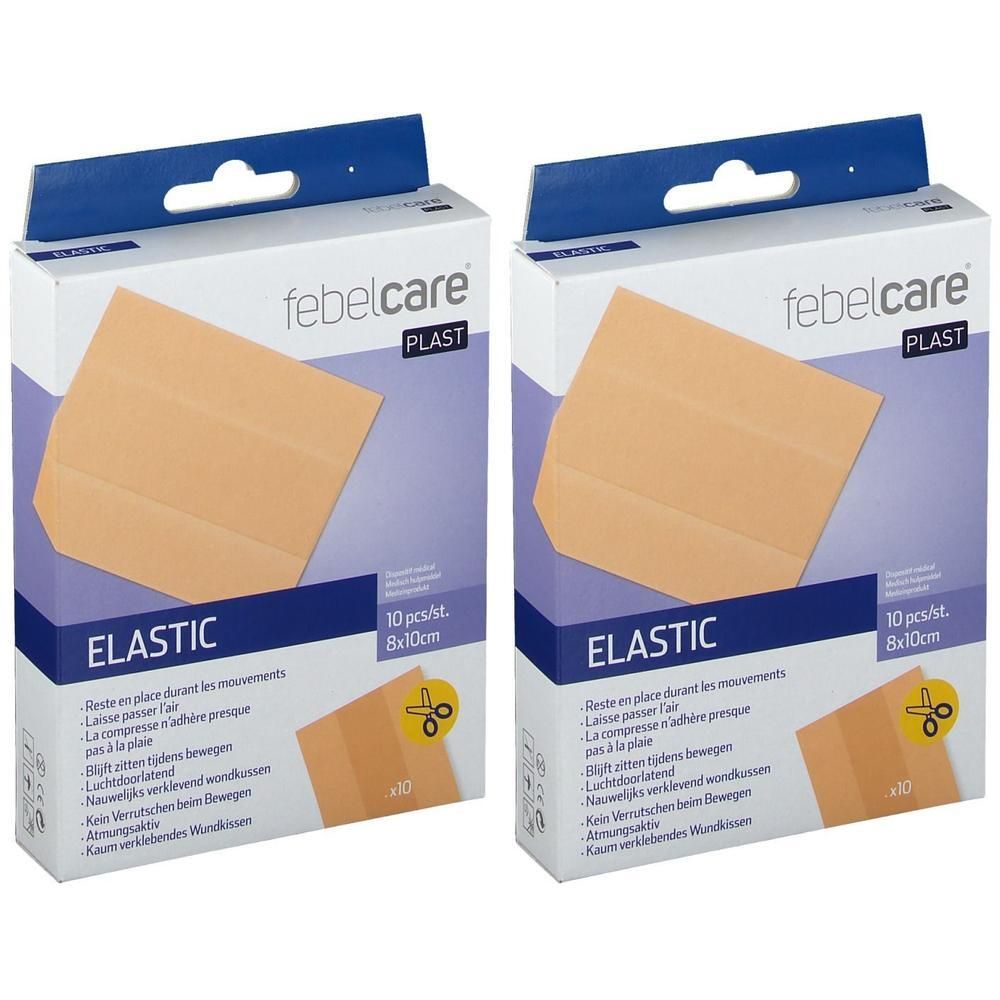 Deux paquets de pansements élastiques Febelcare, 10 pièces de 8x10cm chacun.