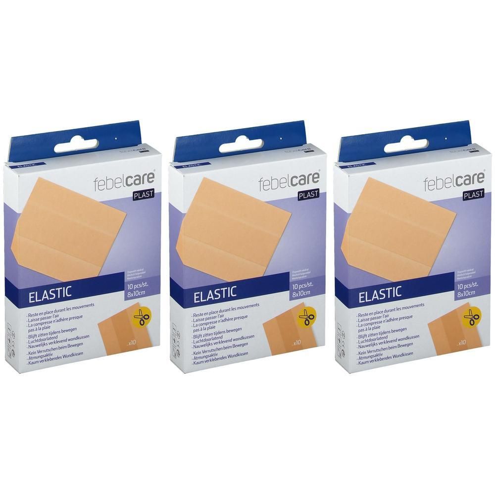 Drie pakken Febelcare elastische pleisters, 10x8cm.