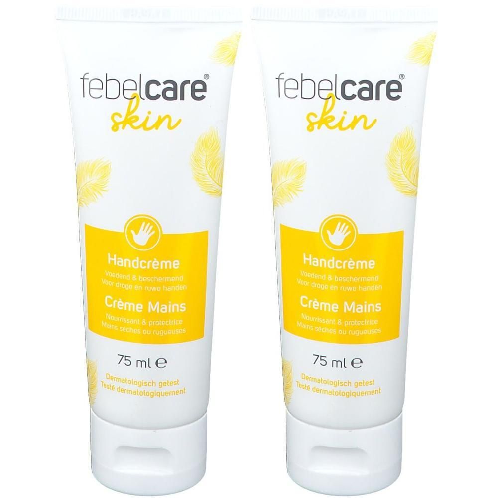 Twee tubes Febelcare handcrème van elk 75 ml. Gele verenmotieven op een witte achtergrond.