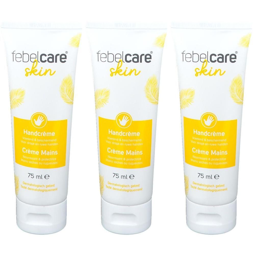 Trois tubes de crème mains Febelcare Skin, 75 ml chacun.