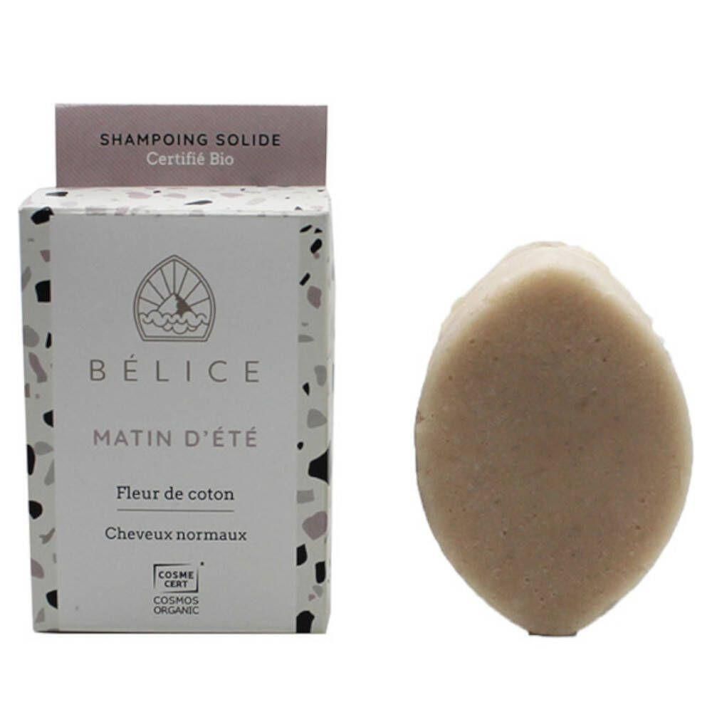 Shampoing solide Bélice Matin d'Été Fleur de Coton pour cheveux normaux, certifié COSMOS ORGANIC.