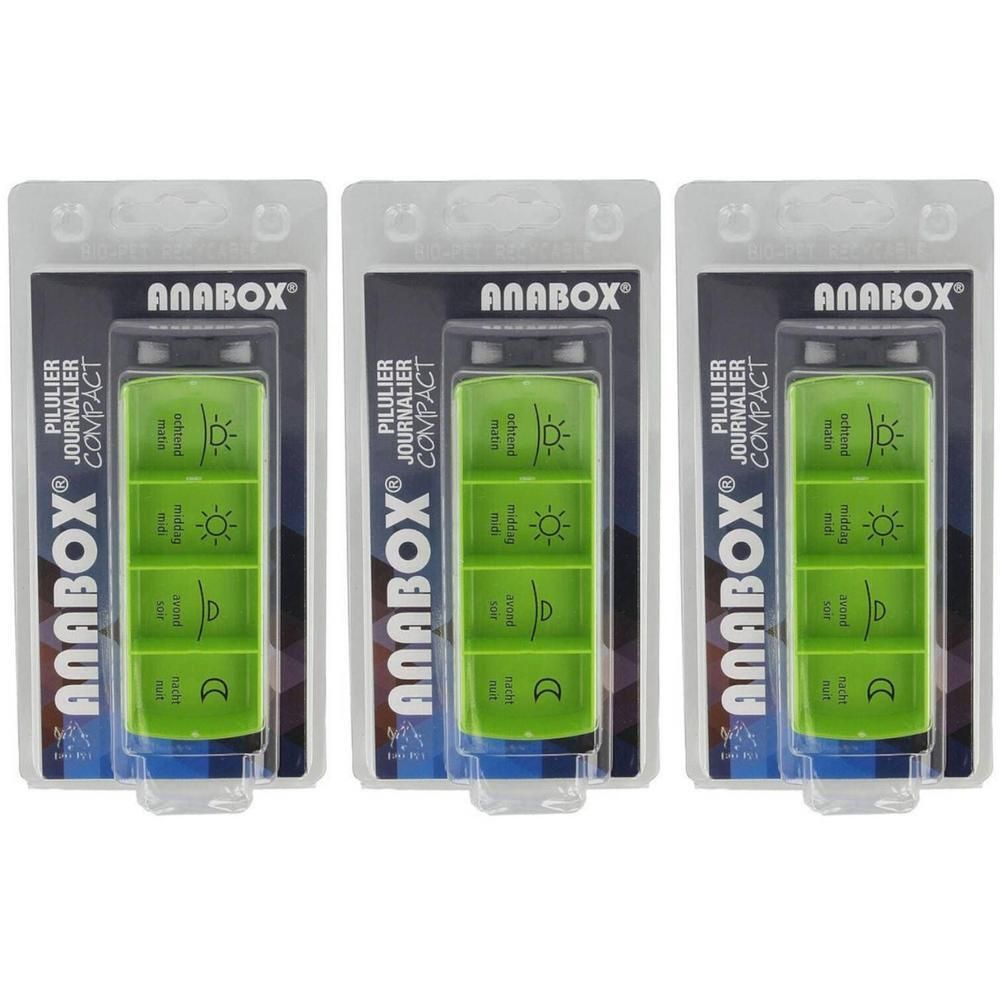 Drie Anabox Compact pillendoosjes, elk met vier vakjes voor ochtend, middag, avond en nacht.