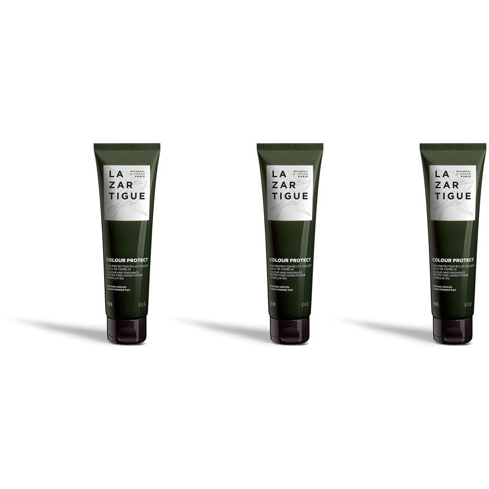 Trois tubes verts Lazartigue Colour Protect avec bouchon noir.