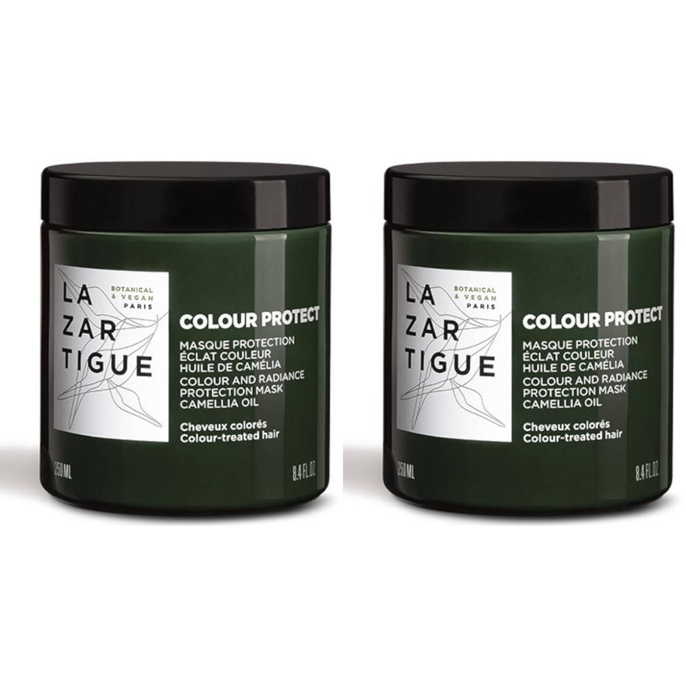 Twee Lazartigue Colour Protect maskers met zwarte dop en donkergroene pot.