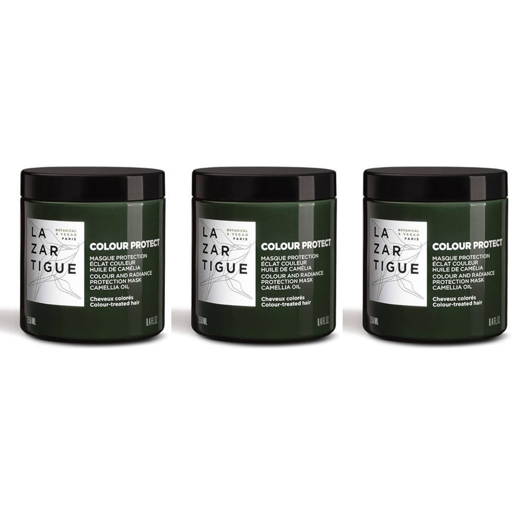Trois masques Lazartigue Colour Protect avec couvercle noir et pot vert foncé.