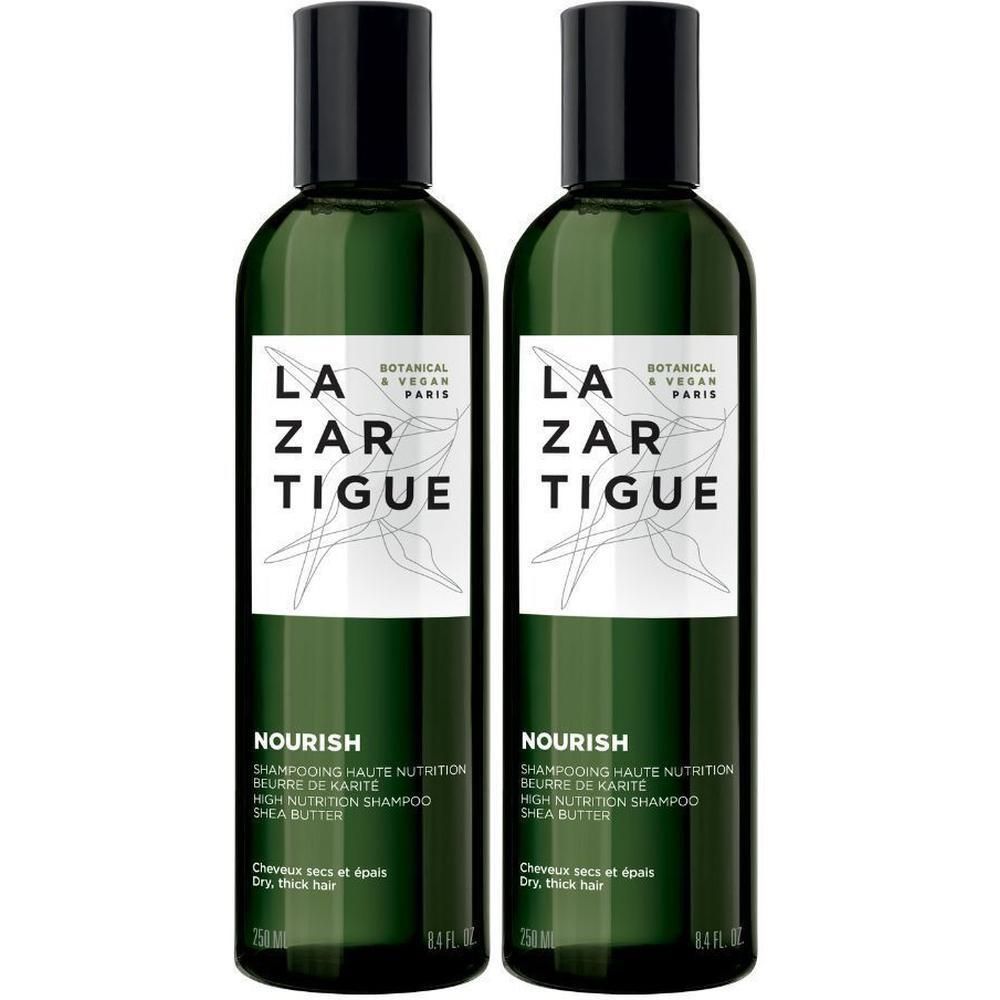 Twee flessen Lazartigue Nourish Shampoo met karitéboter voor droog, dik haar.