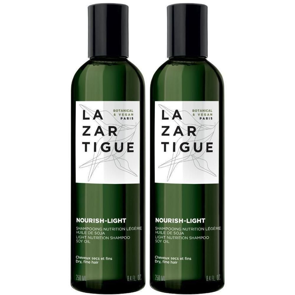 Twee flessen Lazartigue Nourish-Light shampoo met sojaolie voor droog, fijn haar.