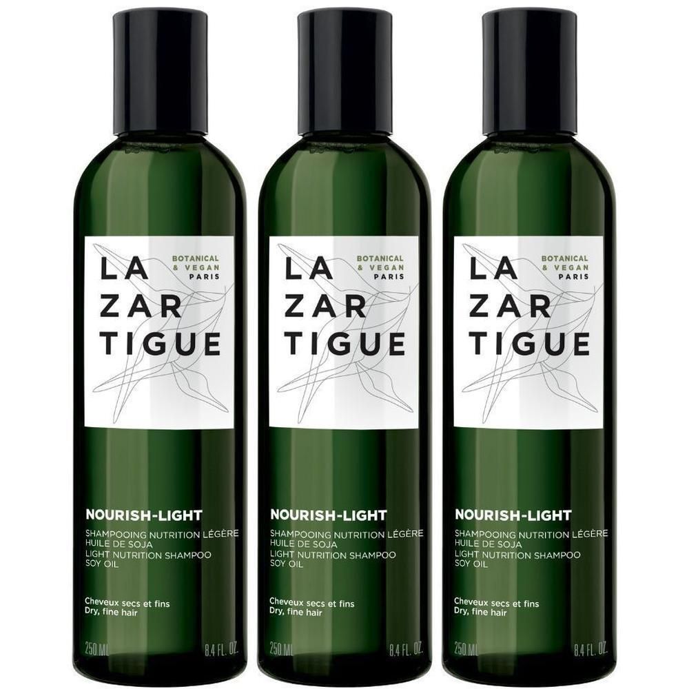 Trois bouteilles de shampooing Lazartigue Nourish-Light à l'huile de soja pour cheveux secs et fins.