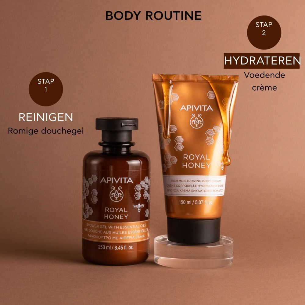 Apivita Royal Honey bodycrème en douchegel voor een lichaamsroutine.