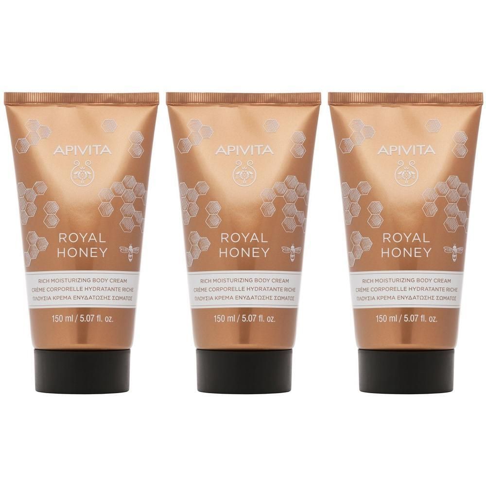 Trois tubes de crème corporelle Apivita Royal Honey, 150 ml.