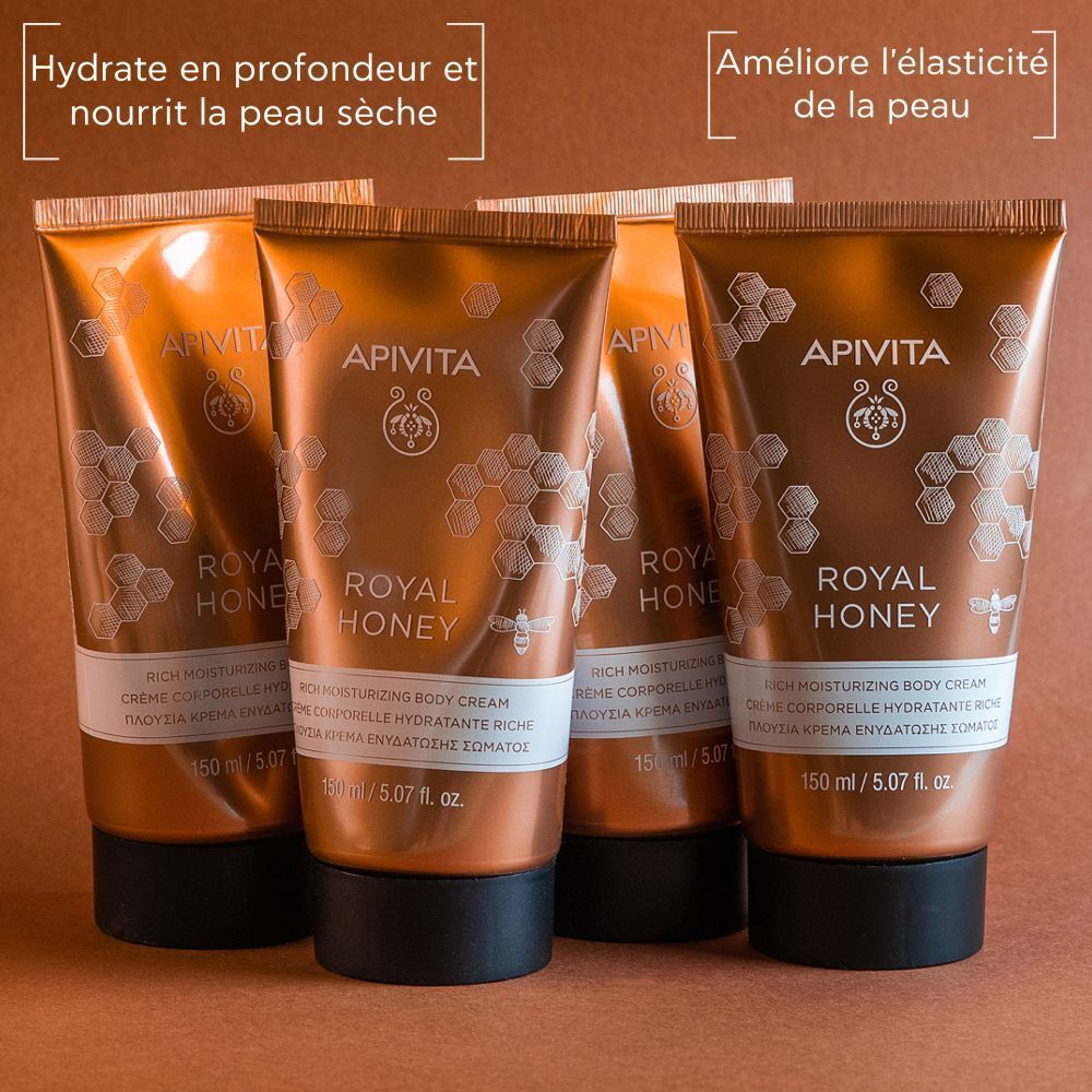 Quatre tubes de crème corporelle Apivita Royal Honey, 150 ml, avec texte sur l'hydratation et l'élasticité.