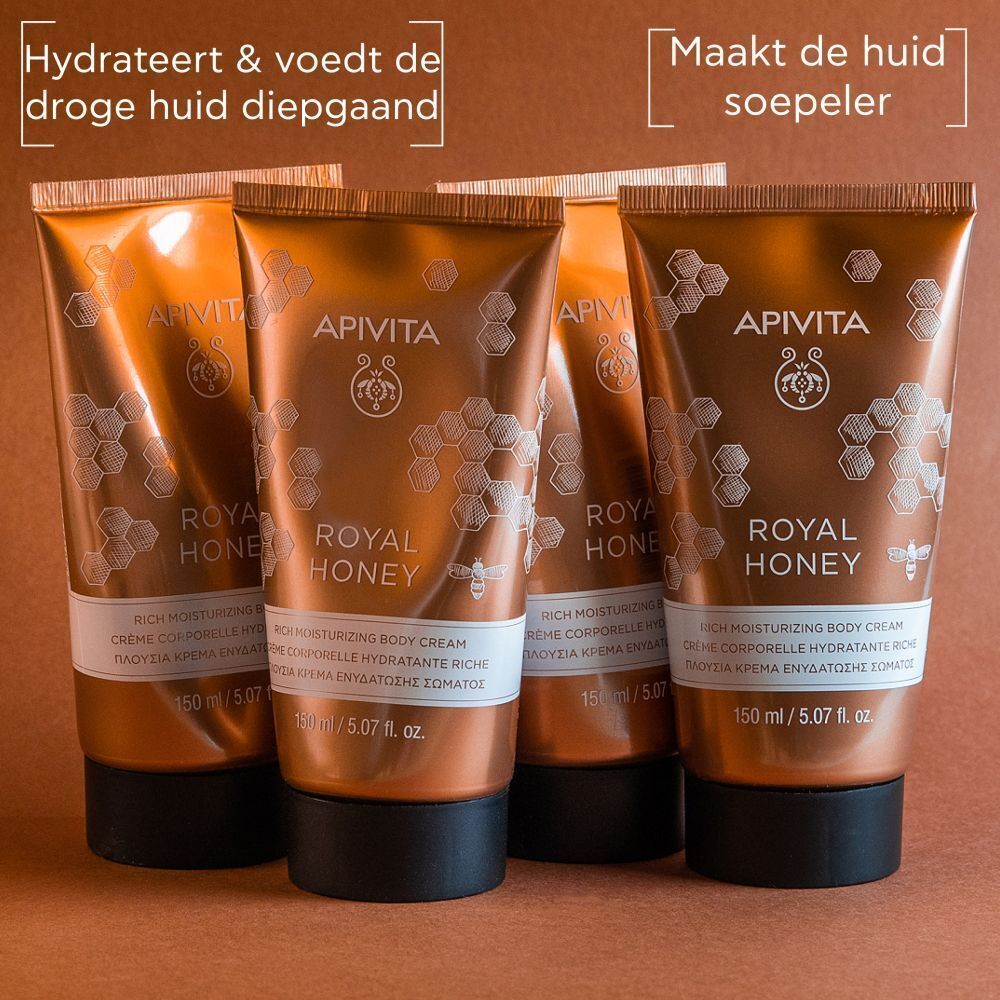 Vier tubes Apivita Royal Honey bodycrème, 150 ml, met tekst over hydratatie en elasticiteit.