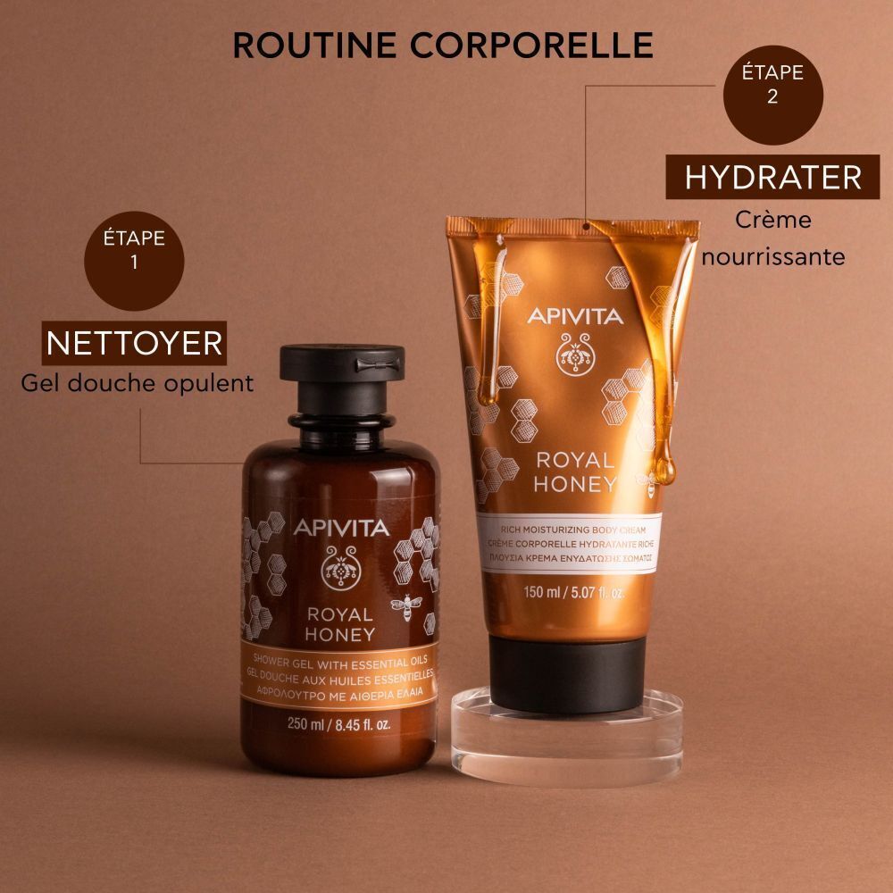 Crème corporelle Apivita Royal Honey (150 ml) et gel douche (250 ml) dans le cadre d'une routine corporelle.