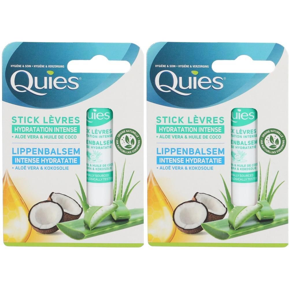 Deux sticks lèvres Quies hydratation intense à l'aloe vera et huile de coco.