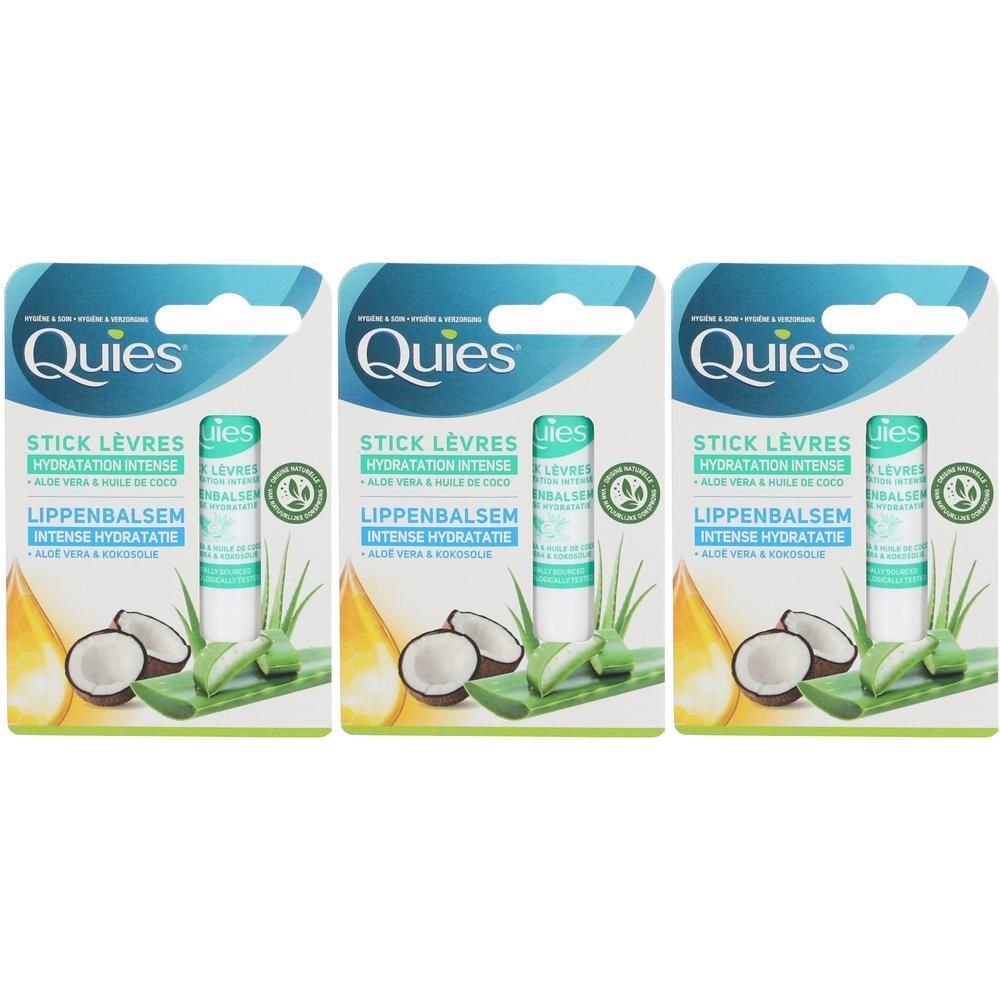 Drie Quies lippenbalsem sticks met aloë vera en kokosolie. Intense hydratatie.