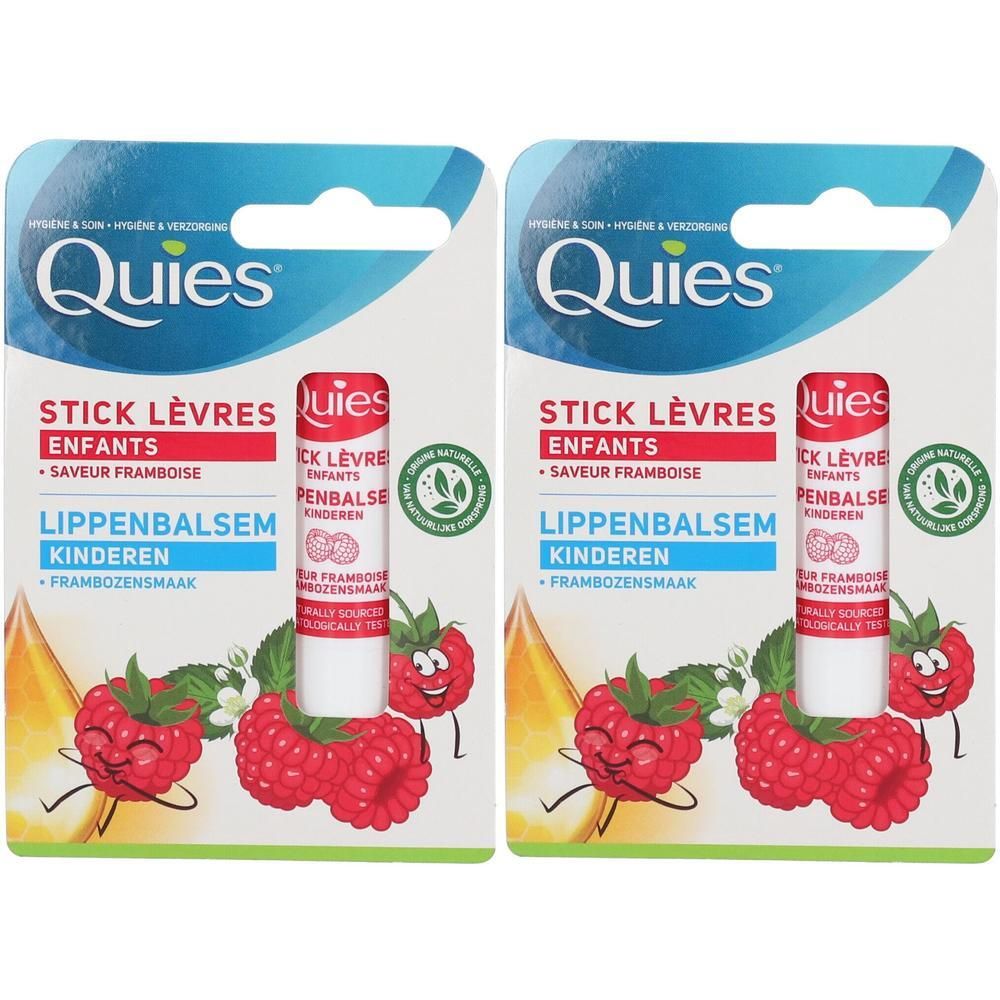 Deux sticks lèvres Quies pour enfants saveur framboise, présentés en emballage individuel.