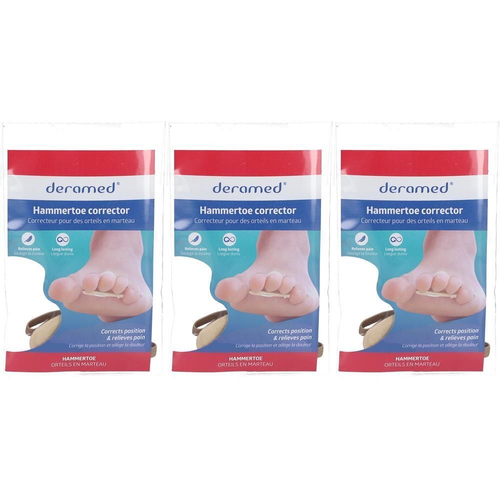 Trois paquets de correcteurs d'orteils en marteau Deramed. Chaque paquet montre un pied avec un correcteur entre les orteils.