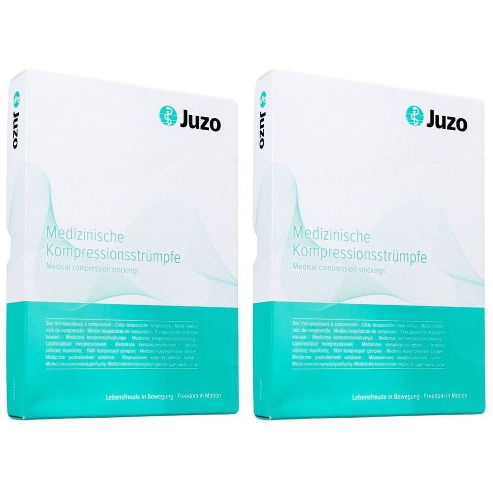 Deux paquets de bas de compression Juzo. Blanc avec bande turquoise.