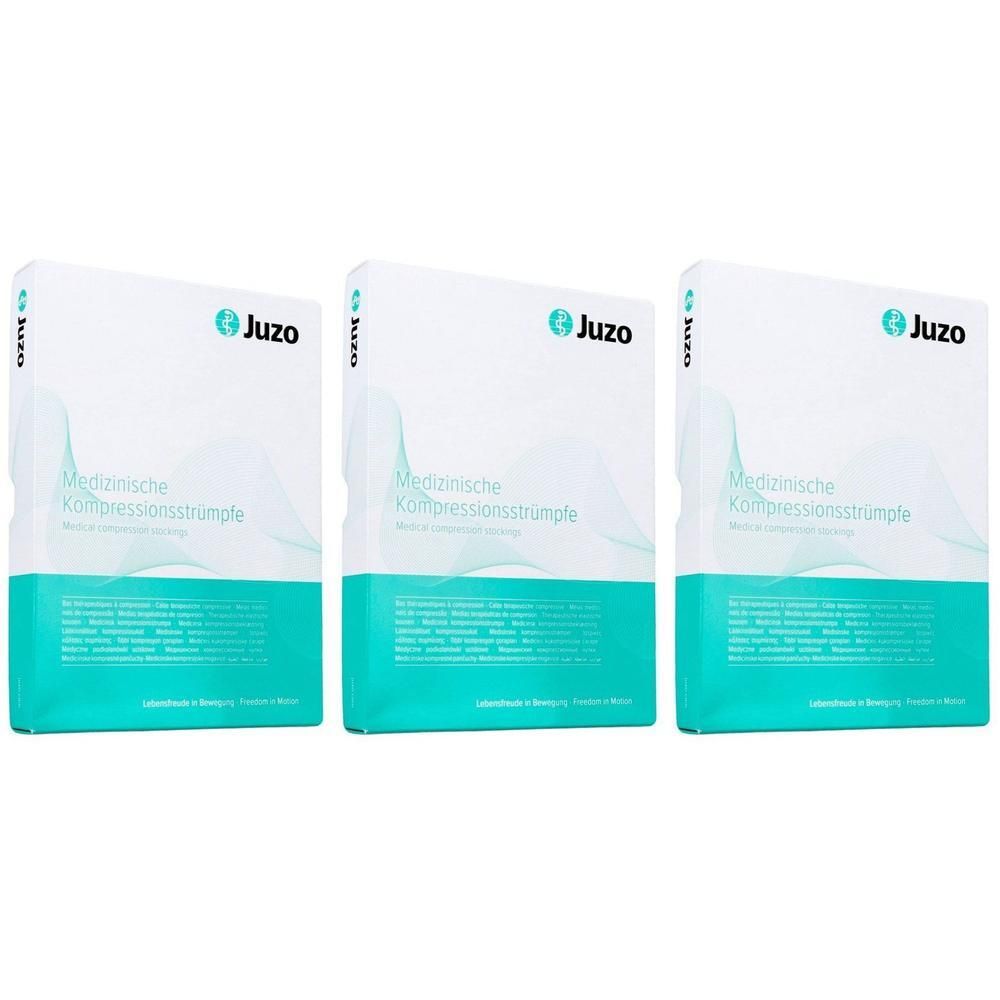 Trois boîtes de bas de compression Juzo médicales côte à côte.