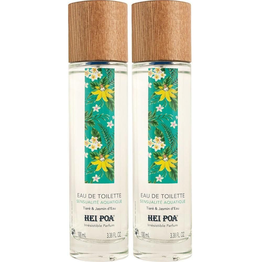 Twee flacons eau de toilette met houten dop en tropisch etiket.