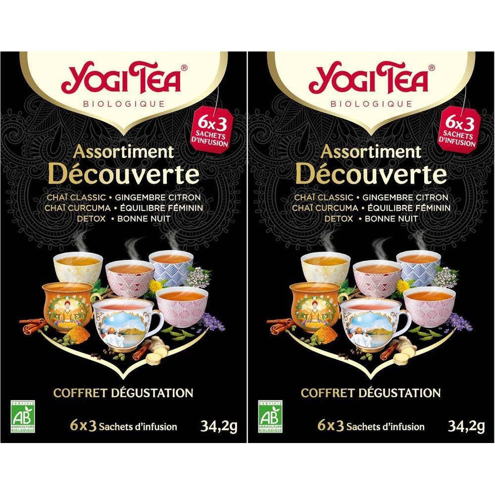 Yogi Tea Assortiment Découverte: 6x3 sachets d'infusion. Contient Chai Classic, Gingembre Citron, Chai Curcuma, Équilibre Féminin, Detox, Bonne Nuit.