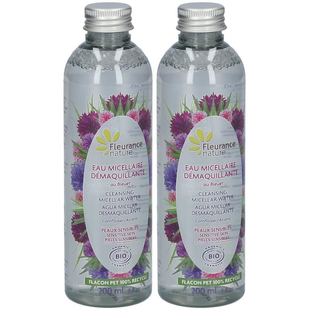 Twee flessen Fleurance Nature micellair water met biologische korenbloem. Voor de gevoelige huid.
