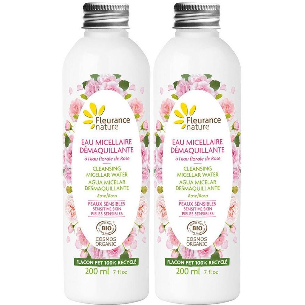 Twee flessen Fleurance Nature micellair water met rozenbloesemdecoratie. 200 ml.