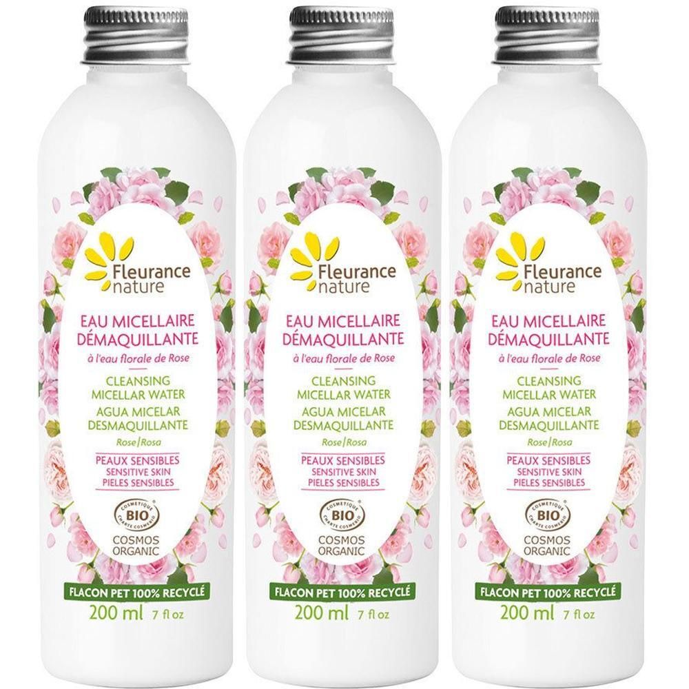 Drie flessen Fleurance Nature micellair water met rozenextract, 200 ml.