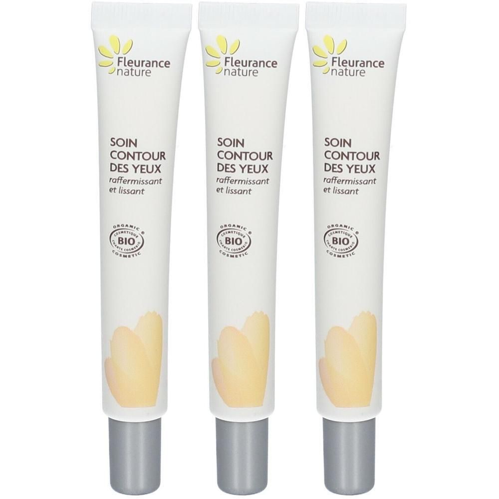 Drie tubes Fleurance Nature Oogcontourverzorging, BIO gecertificeerd. Verstevigende en gladmakende formule.