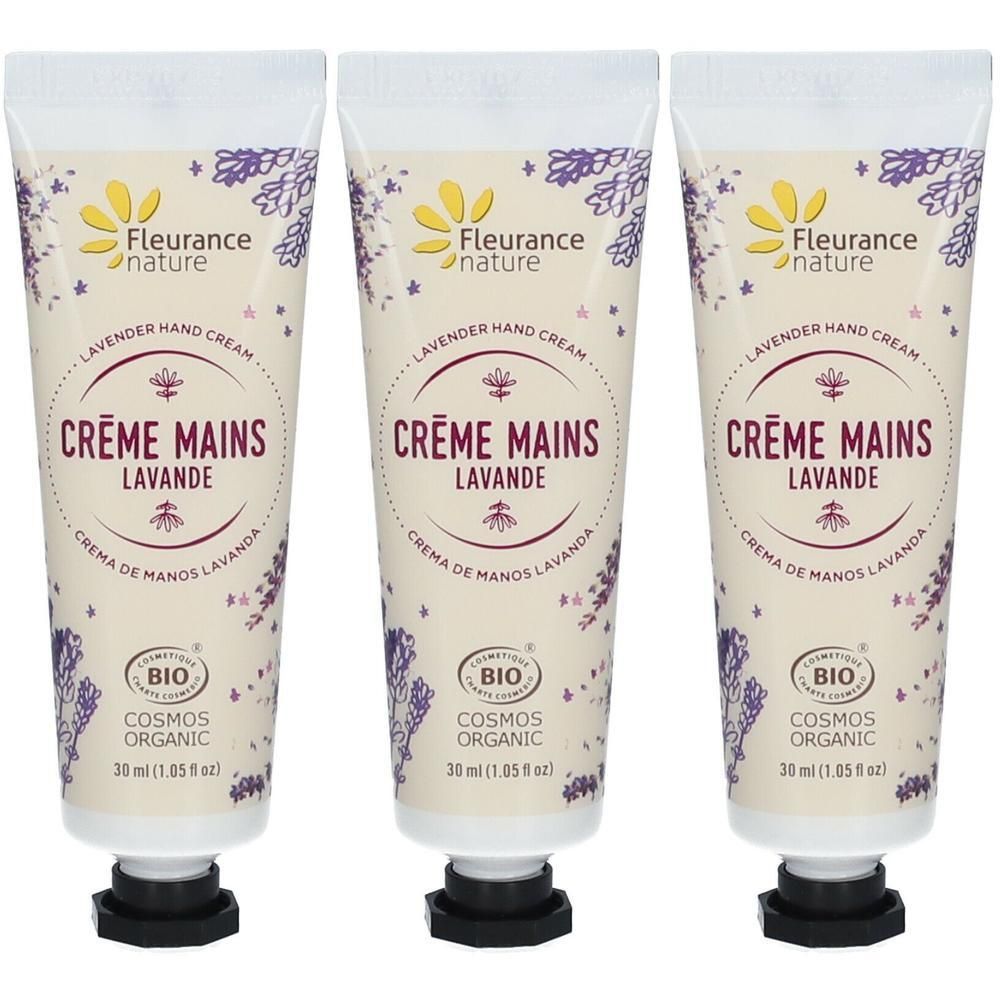 Trois tubes de crème mains Lavande Bio par Fleurance Nature, 30 ml.