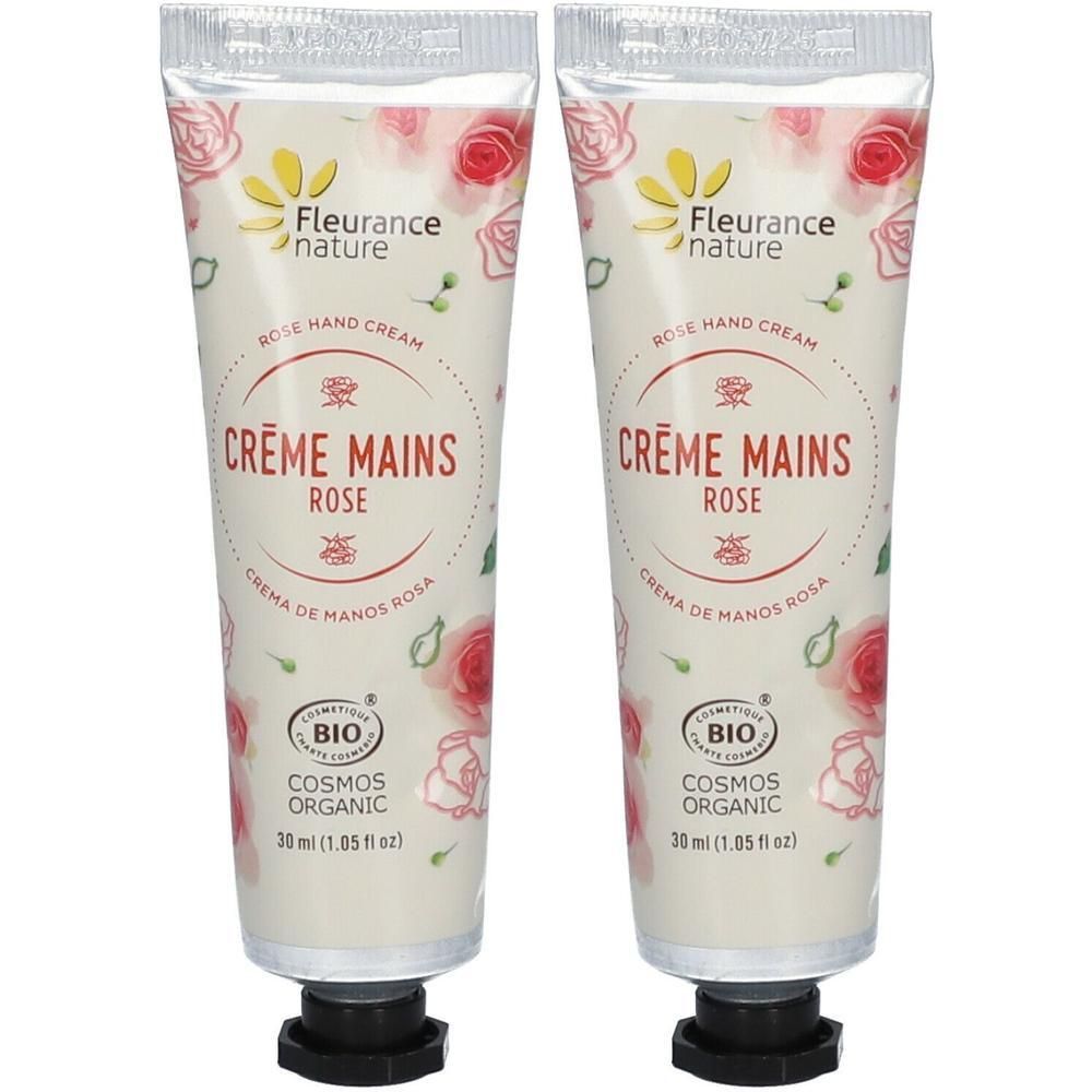 Deux tubes de crème mains Rose Fleurance Nature, 30 ml chacun. Certifié BIO COSMOS ORGANIC.