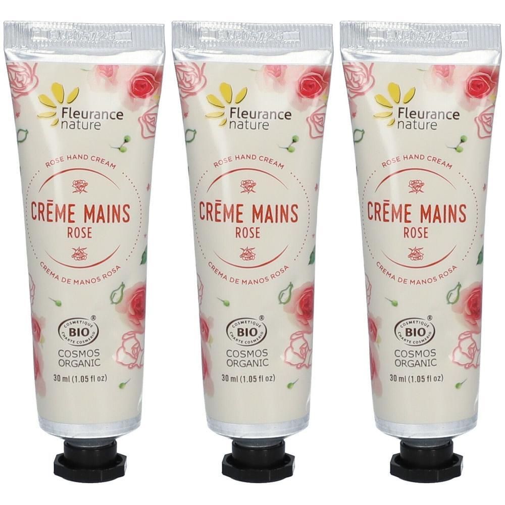 Trois tubes de Crème Mains Rose Fleurance Nature, 30 ml, BIO COSMOS ORGANIC.