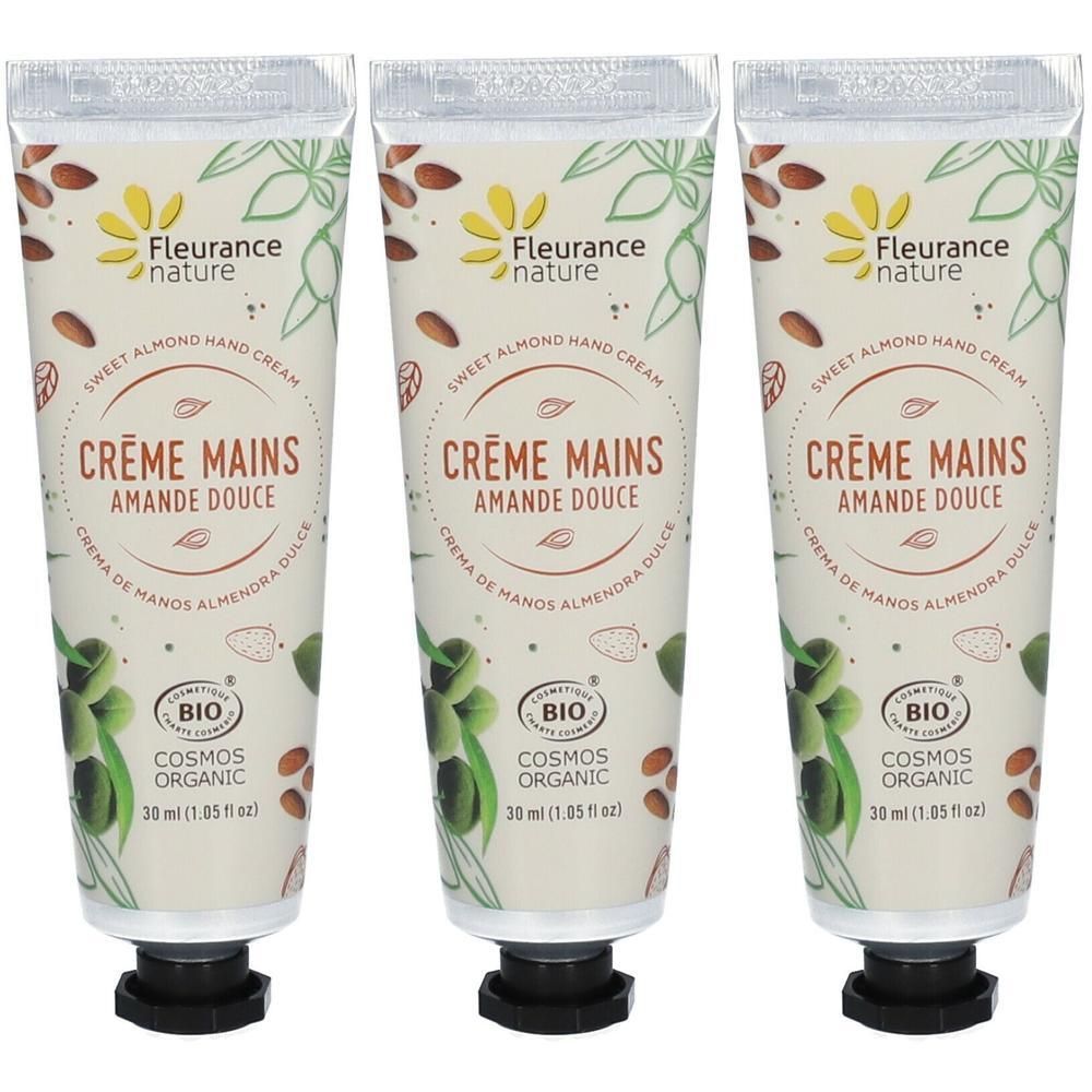 Trois tubes de crème mains amande douce, 30 ml, certifiée COSMOS ORGANIC.