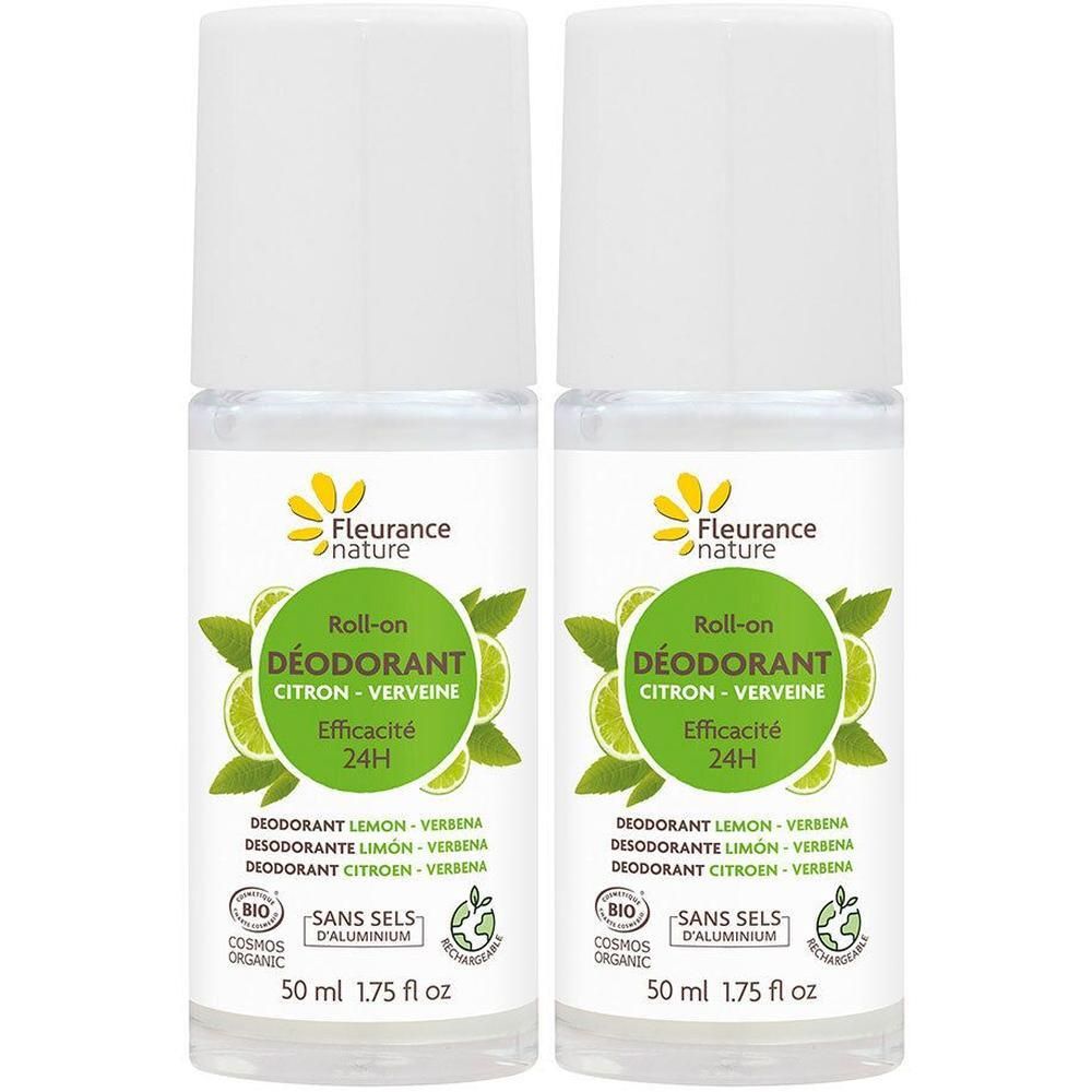 Deux déodorants roll-on parfum citron-verbène. Efficacité 24H. 50 ml.