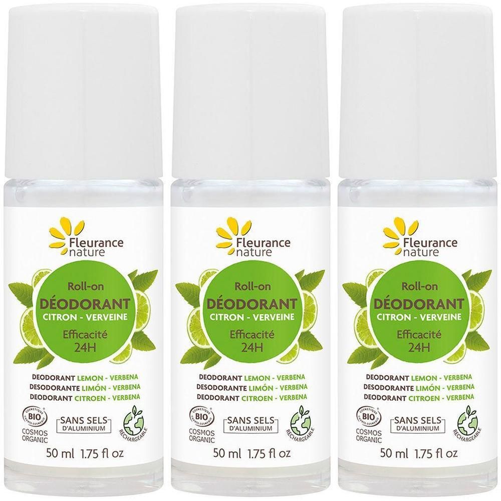 Drie Fleurance Nature roll-on deodorants met citroen en verbena. 50 ml.