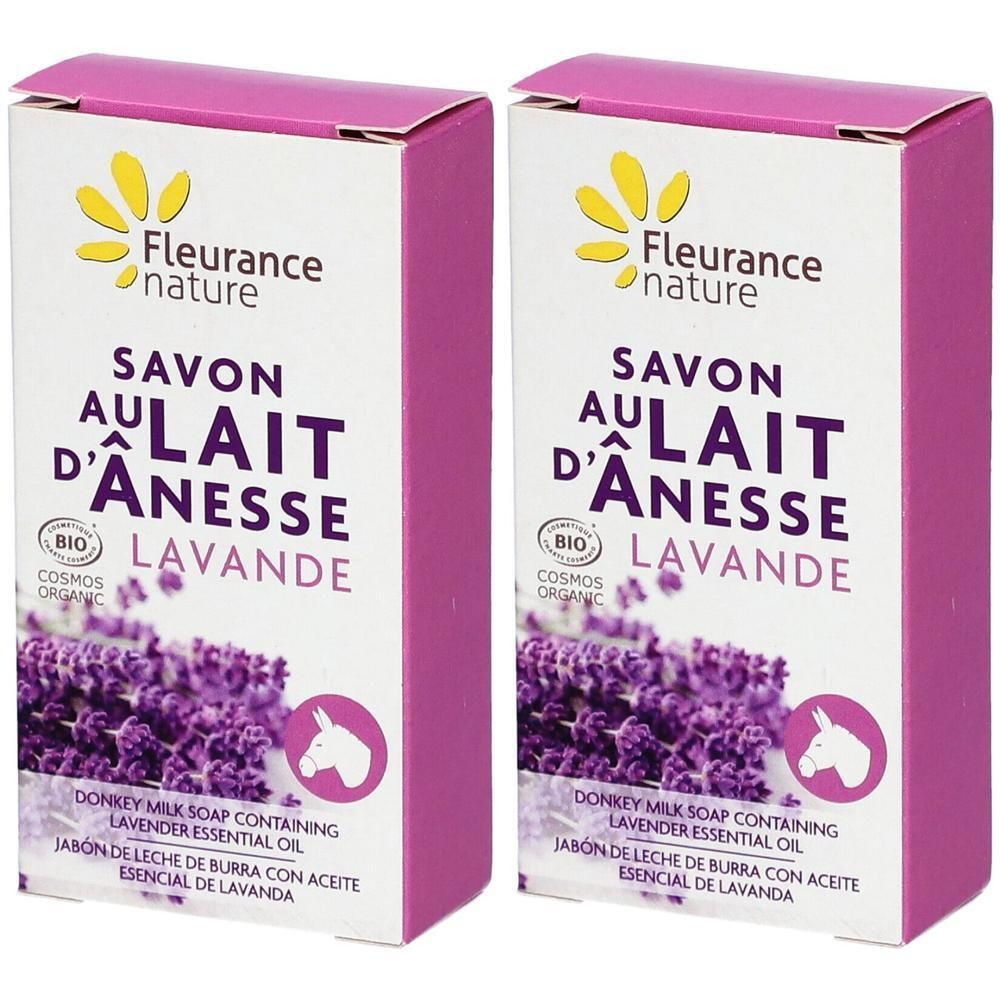 Deux boîtes de savon à la lavande et au lait d'ânesse, Fleurance Nature.