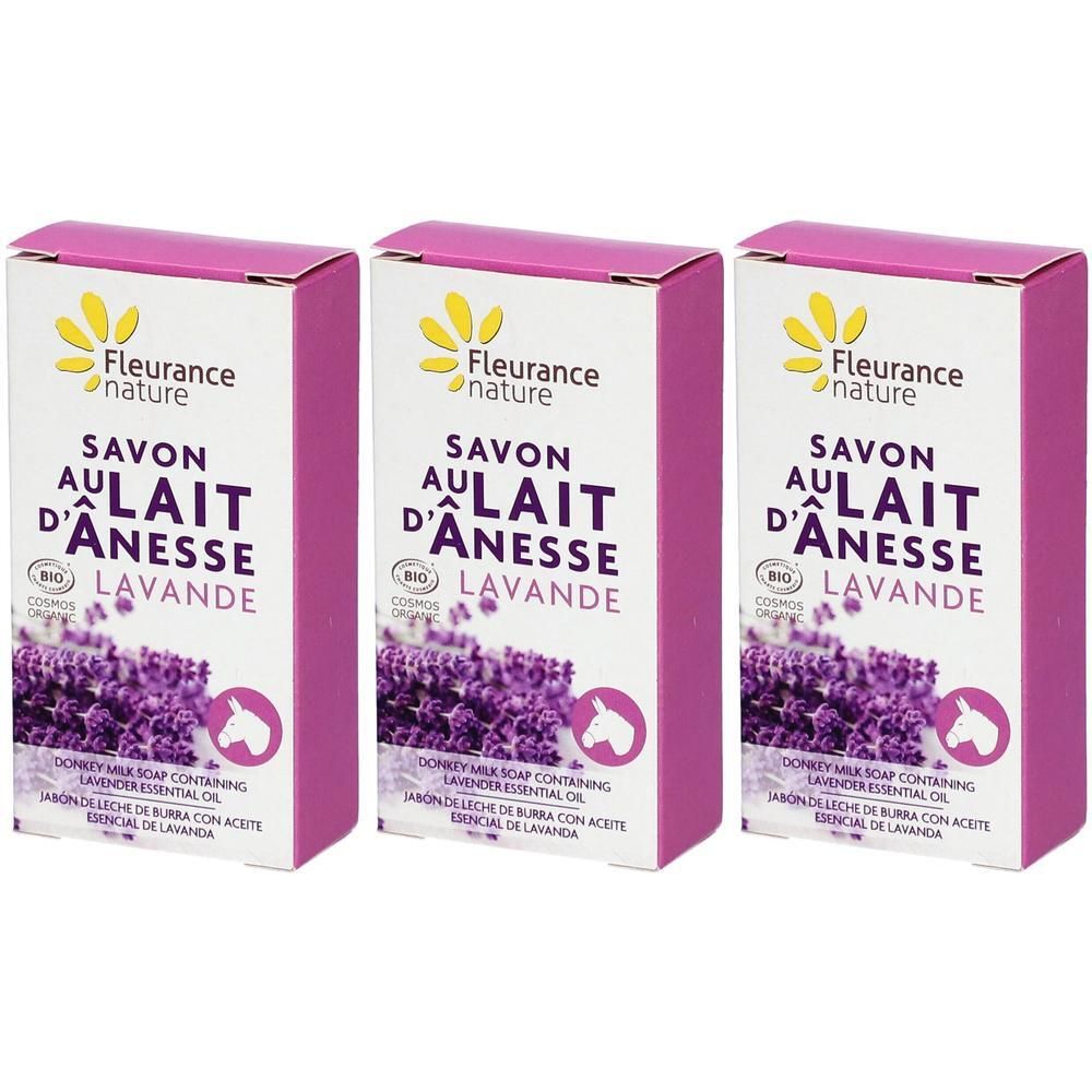 Drie pakken Fleurance Nature lavendelzeep met ezelinnenmelk. Paarse en witte verpakking met lavendelafbeelding.