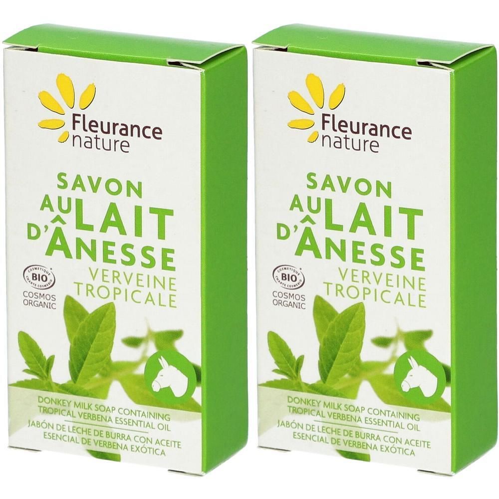 Twee pakken Fleurance Nature biologische zeep met ezelinnenmelk tropische verbena. Groene verpakking met bladerenmotief.