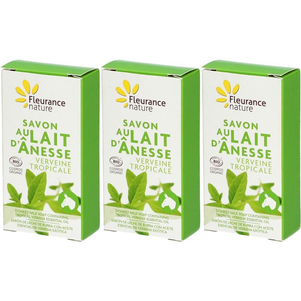 Trois boîtes de Savon au Lait d'Ânesse Verveine tropicale Bio de Fleurance Nature.
