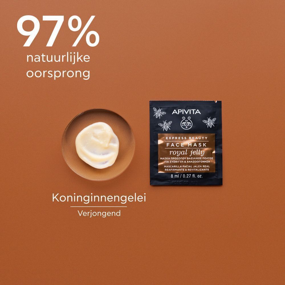 Apivita gezichtsmasker met koninginnenbrij en een schaaltje met maskercreme.