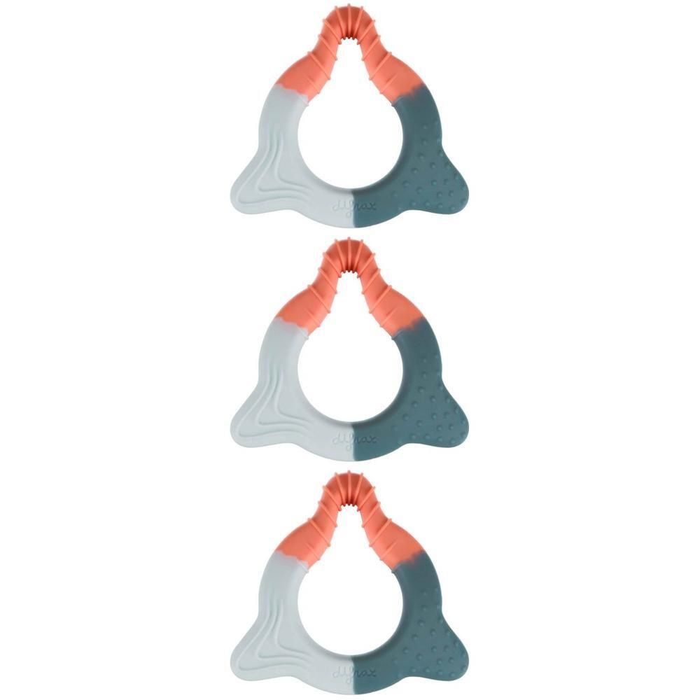 Trois anneaux de dentition gris, corail et gris foncé. Conception circulaire avec manche côtelé.