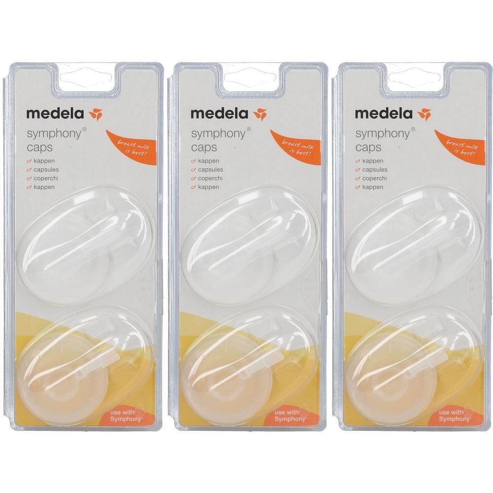 Drie pakken Medela Symphony doppen, elk met twee transparante doppen.