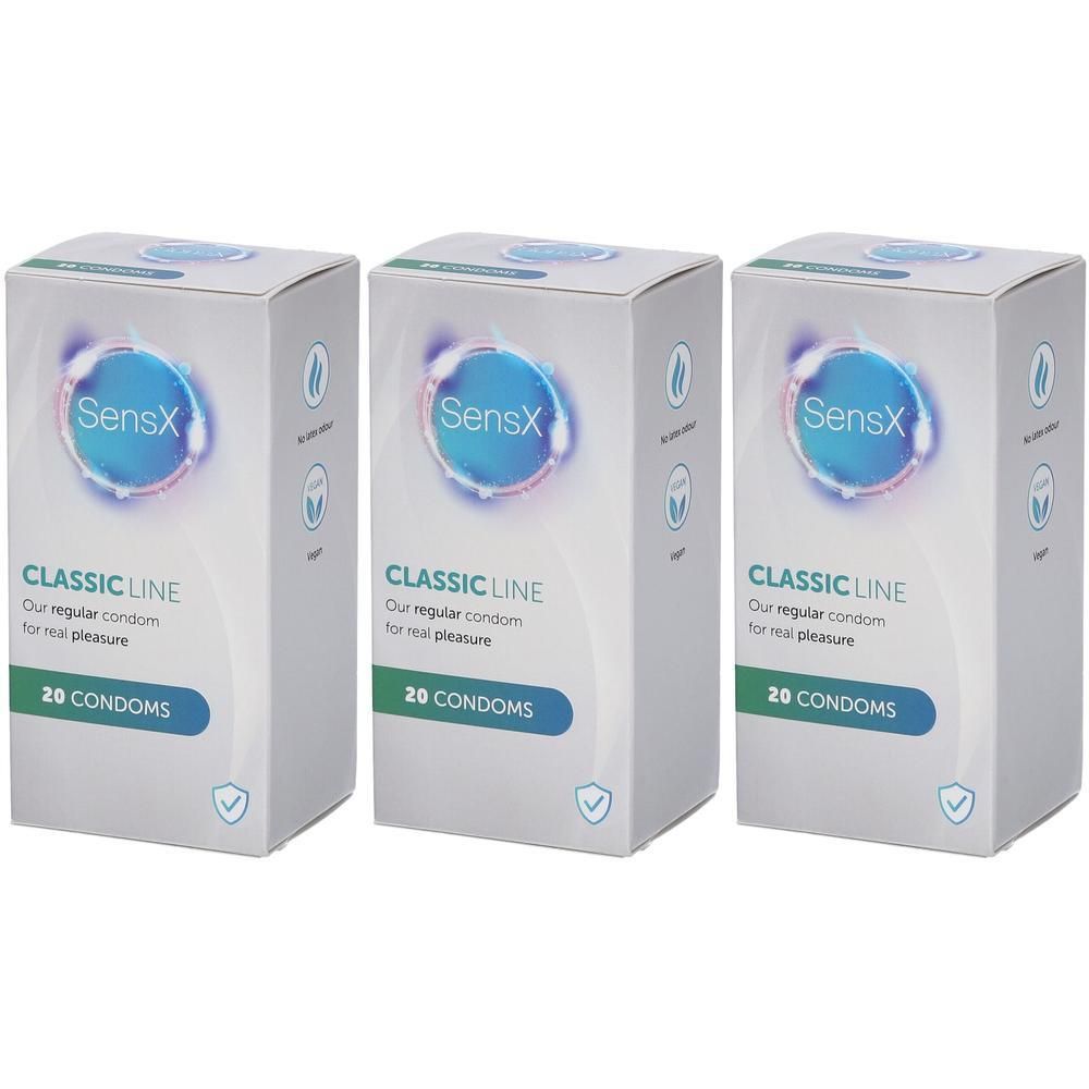 Drie pakken SensX Classic Line condooms, 20 stuks per pak.